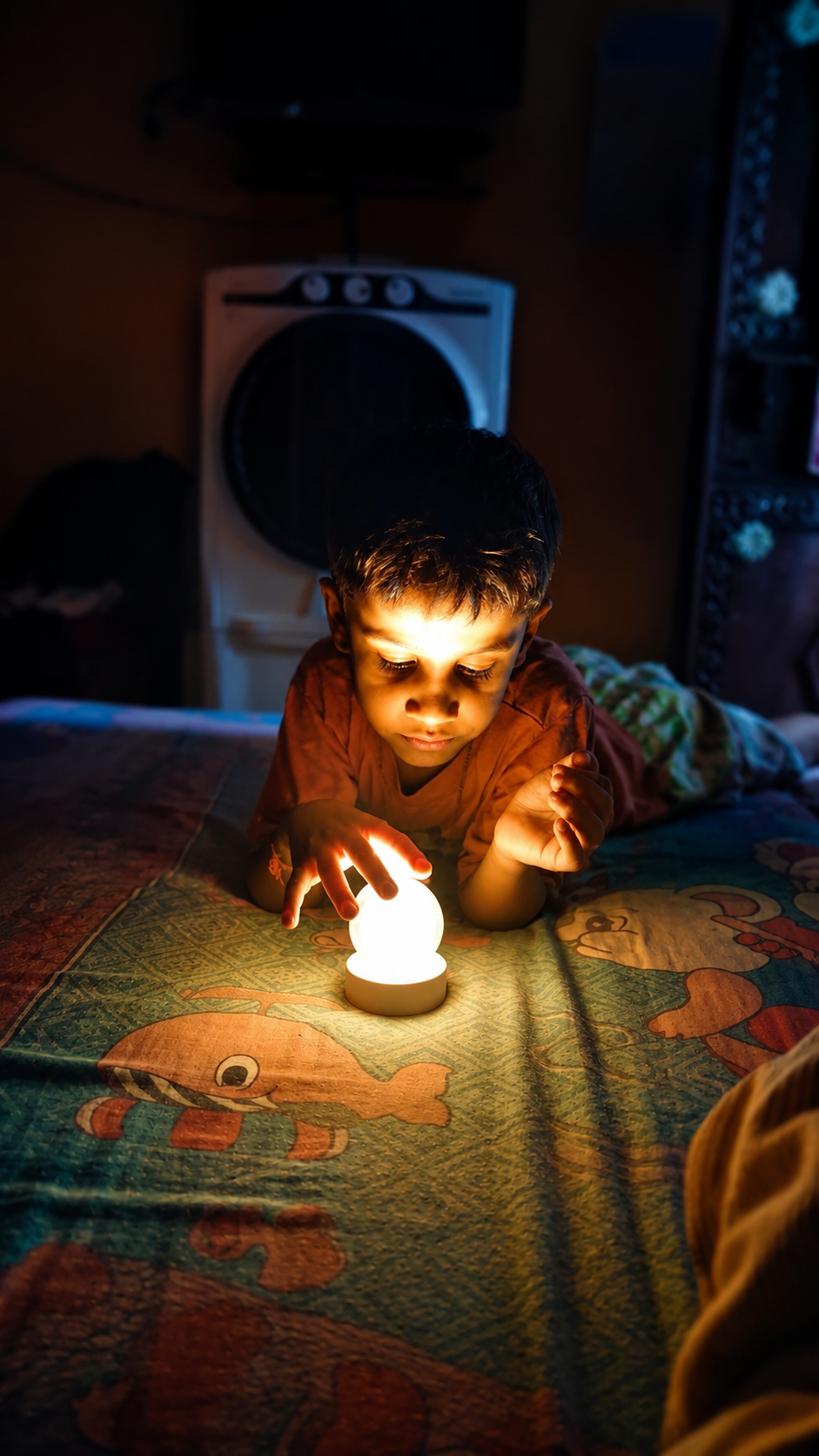 Child gazing at the glowing Crystal Ball Light