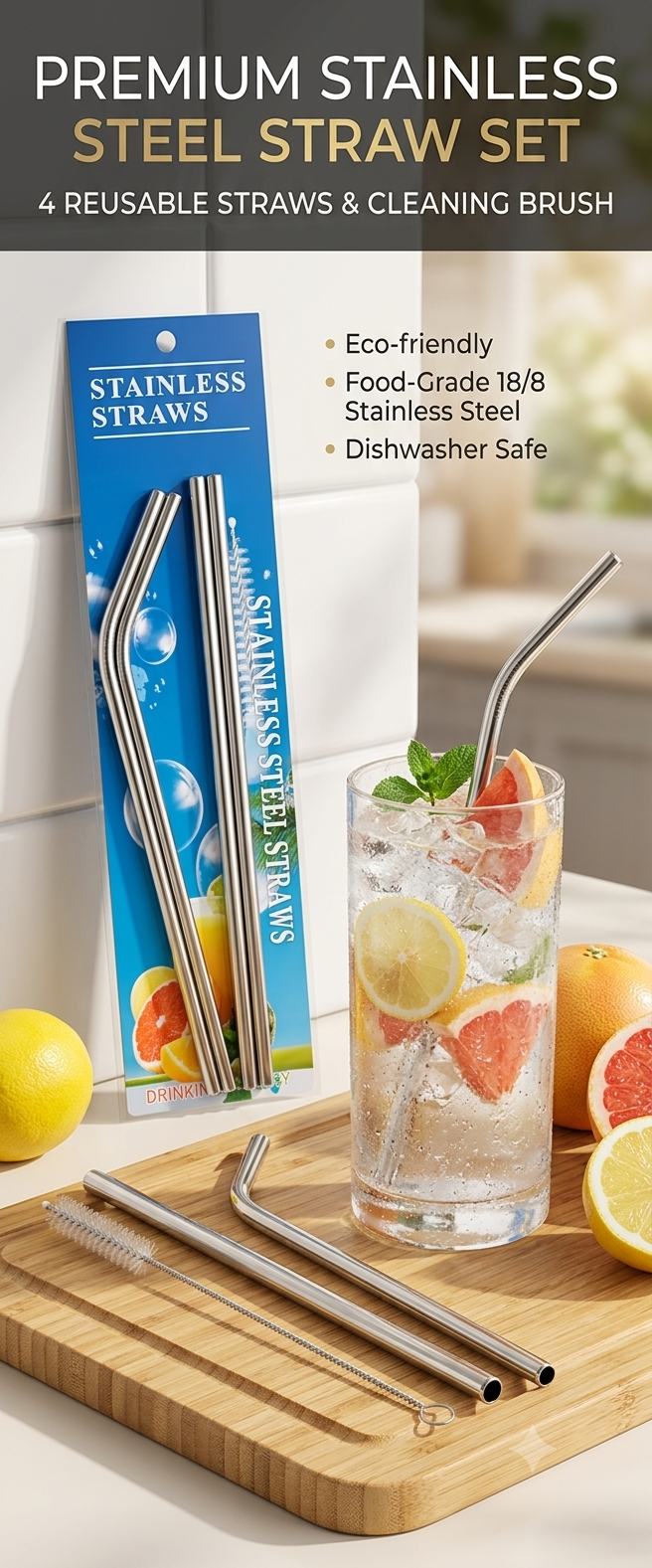 Stainless steel straw set with cleaning brush — product photo